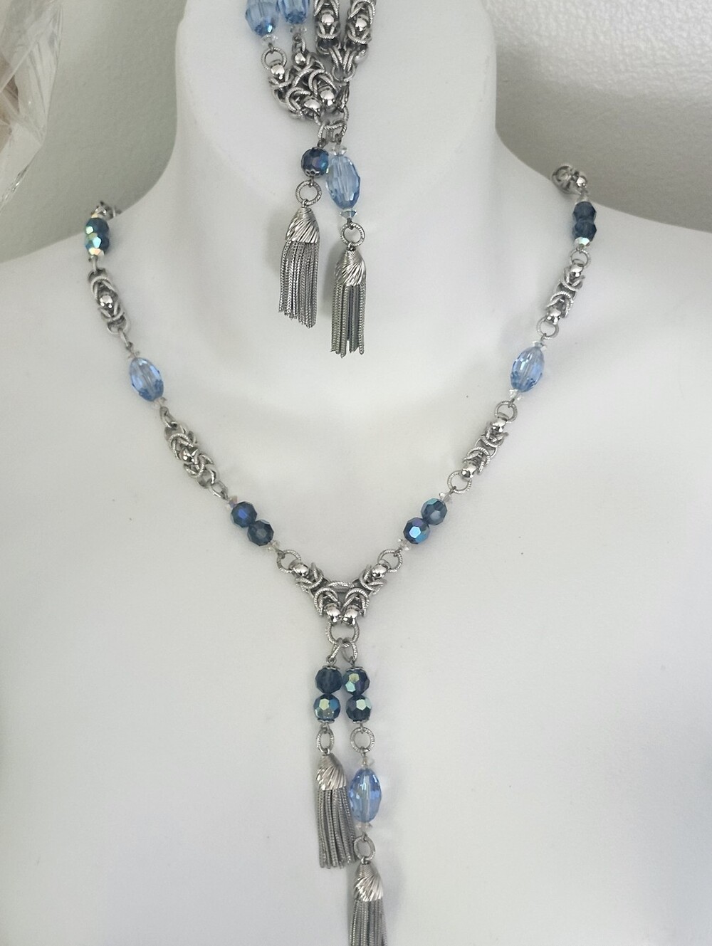 DENBE Silver-Tone Chain Link Tassel Necklace Blue Crystals & Matching Bracelet
